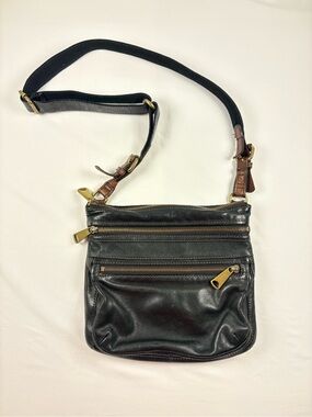 Fossil Black Leather Crossbody Bag Vintage Y2K Multi Zip Adjustable Strap
